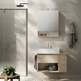 Mobile Bagno Sospeso Un Cassetto Con Vano a Giorno Un'Anta Specchio Contenitore Con Lampada Led 60x75 Cm Artesi "#12" Rovere White/Nichel