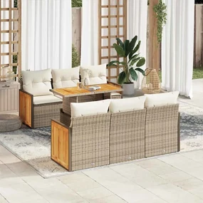Set divani da giardino 7 pz con cuscini beige polyrattan acacia