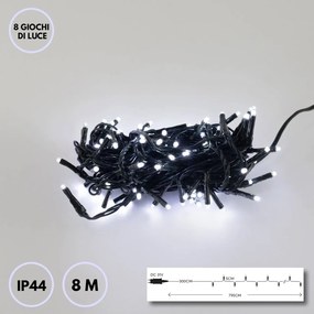 Catenaria Natalizia LED 8m con 8 GIOCHI DI LUCE IP44 Cavo VERDE Colore Bianco Freddo 7500 - 8500 °K