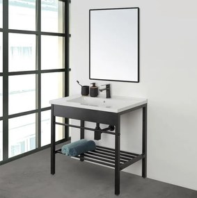 Mobile bagno nero 60x47 Borg a pavimento con lavabo struttura in metallo e specchio