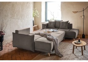 Divano letto angolare in velluto a coste marrone chiaro (angolo destro a forma di U) Lazy Lukka - Miuform