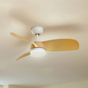 Lindby Ventilatore da soffitto a LED Enon, bianco/legno, DC, silenzioso Enon Lindby, dimmerabile, Bianco / Opale, Soggiorno / Sala da pranzo, Metallo, Moderno