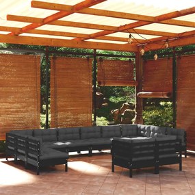 Set divani da giardino 12 pz con cuscini neri massello di pino