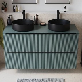 Mobile bagno sospeso Neo Groove L 121 x H 68 x P 49 cm, 2 cassetti con maniglia nero matt, top e 2 lavabi da appoggio Studio in ceramica nero opaco inclusi, verde salvia cannettato