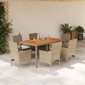 Set pranzo da giardino 7 pz con cuscini beige polyrattan acacia