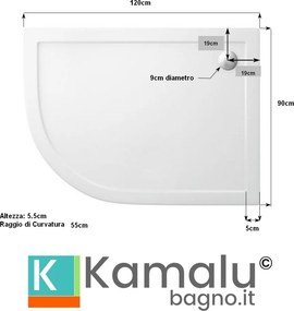 Piatto doccia 120x90 semicircolare versione destra KAM-1200 - KAMALU