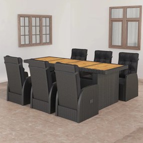 Set da pranzo da giardino 7 pz con cuscini in polyrattan nero