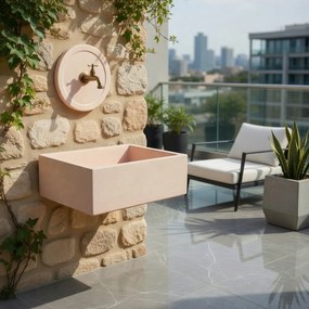 Lavello Rettangolare da Esterno 45x35 cm con Rosone Installazione a Muro in Cemento Madrid Rosa Antico...