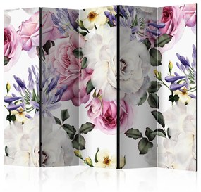 Paravento Sento giardino II (5-parti) - fiori colorati su sfondo bianco