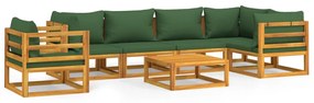 Set salotto da giardino 7pz con cuscini verdi in legno massello