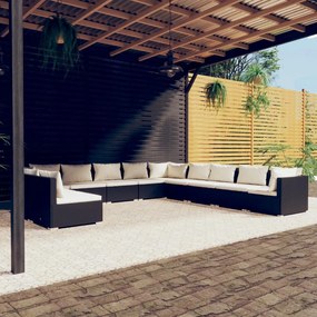 Set mobili da giardino 11 pz con cuscini in polyrattan nero