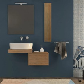 Mensolone per bagno rovere tabacco 60 cm con specchio filo lucido, pensile da 100 cm e cassettone da 50 cm