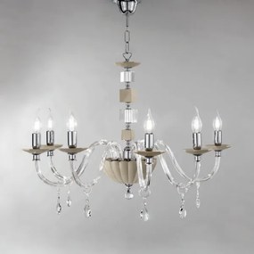 Lampadario sospeso LIVIA in vetro e cristallo D70 cm Tortora 6 luci