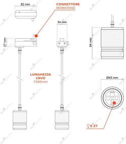 Lampada a Sospensione E27 per Binario Monofase - Nera