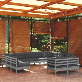 Set divani da giardino 11 pz con cuscini grigi massello di pino
