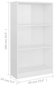 Libreria a 3 Ripiani Bianco Lucido 60x24x109 cm in Multistrato