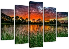 Quadro su tela 5 pannelli Lago del tramonto