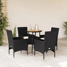 Set pranzo da giardino 5 pz con cuscini nero polyrattan acacia