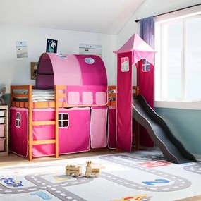Letto A Soppalco Con Torre Bambini Rosa 80x200cm Massello Pino /