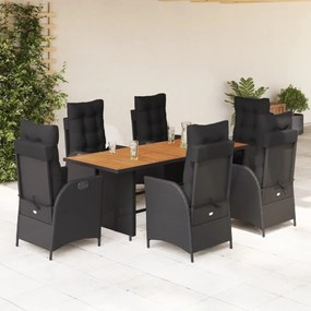 Set da pranzo da giardino 7 pz nero con cuscini in polyrattan