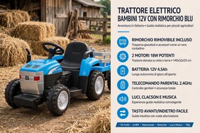 Trattore Elettrico per Bambini 12V con Rimorchio Blu...
