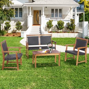 Costway Set 2 sedie e panchina in rattan da giardino con tavolino, Set mobili da esterno con telaio in legno di acacia