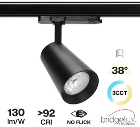 Faro LED 40W Trifase Nero CRI92 CCT Bianco Variabile 38° Bridgelux LED Colore Bianco Variabile CCT