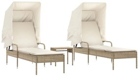 Lettini prendisole 2 pz con baldacchino e tavolino polyrattan