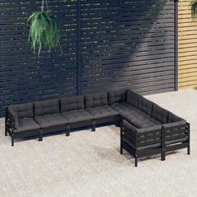 Set divani da giardino 9 pz con cuscini neri massello di pino