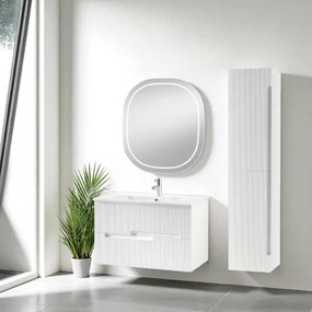 Mobile bagno RIGHE 70 cm 2 cassetti Larice Bianco e specchio LED Frontale