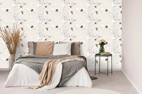 Carta da parati – Uccellini nella foresta fitta con sfondo beige