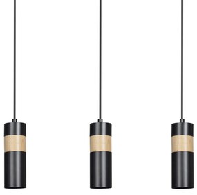 Lampadario 3 Luci Change In Acciaio Nero A Cilindro Con Legno Naturale