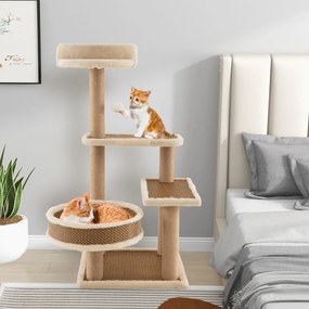 Costway Torre per gatti interno con tappetino in rattan palla appendibile tiragraffi, Albero per gatti a 4 livelli alto 90cm