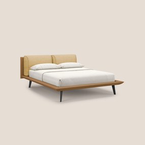 Petra letto di design bicolore con cuscini in piuma, piedini in mogano e tessuto impermeabile bicolore T11 e T06 cuoio - giallo