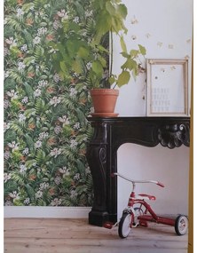 Carta da parati Fiori e foglie tropicali verde, 46.5 cm x 8.37 m