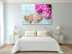 Quadro su tela – Peonie e cuoricini di betulla
