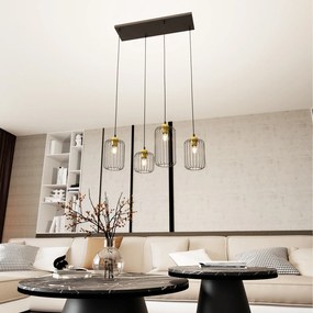 Sospensione Minimal Industrial Minerva 4 Luci Lineari Nera E Oro