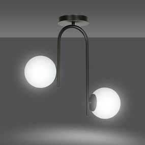 Lampadario 2 Luci Kalf In Acciaio Nero A Bracci E Sfere In Vetro Opalino