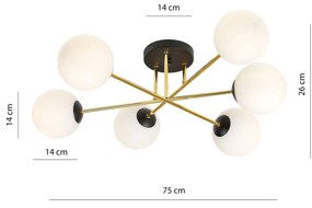 Plafoniera Moderna Magnium 6 Luci In Acciao Nero Oro E Sfere In Vetro Bianco