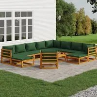 Set Salotto da Giardino 12pz con Cuscini Verdi Legno Massello 3155325