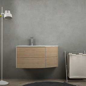 Mobile da bagno Rovere tabacco sospeso 60 cm Rio curvo asimmetrico con lavabo a sinistra