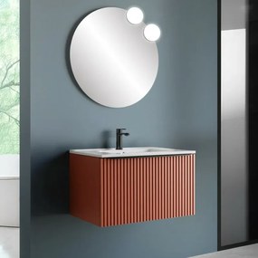 Mobile bagno sospeso 80 cm color terracotta opaco cannettato con cassetto, specchio e lavabo Nara