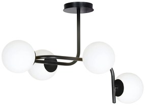 Lampadario 4 Luci Rama In Acciaio Nero A Bracci Curvi E Sfere In Vetro Opalino