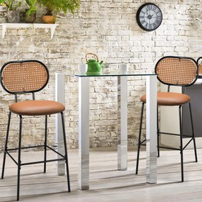 Costway Set di 2 sgabelli da bar in metallo con schienale in rattan, 2 sedie da pranzo moderne in ecopelle Marrone
