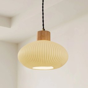 Lampada a sospensione Lindby Paulie, Ø 23 cm, ceramica, legno, bianco