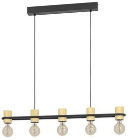 Lampadario A Sospensione Vintage Chieveley Acciaio Nero Legno 5 Luci E27