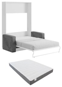 Letto a scomparsa con divano apertura verticale manuale 140 x 200 cm Bianco e Grigio + Materasso - VACIALA II