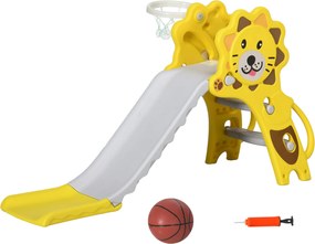 Scivolo per Bambini 131x50x74 cm con Canestro Laterale in PE Giallo e Grigio...