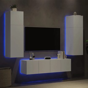 Mobili TV a Muro con LED 6pz Bianchi in Legno Multistrato