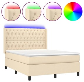 Letto a molle con materasso e led crema 140x190 cm in tessuto